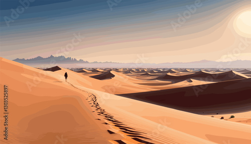 Lone traveler walking across vast desert dunes