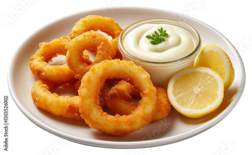 Plate of fried squid rings with lemon wedges and garlic sauce. Transparent background.