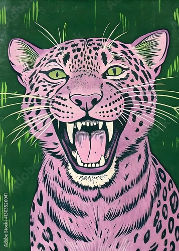 Bold Pink Leopard Roaring In Vibrant Jungle Setting Against Lush Green Background