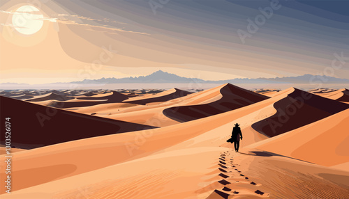 Lone traveler walking across vast desert dunes