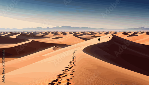 Lone traveler walking across vast desert dunes