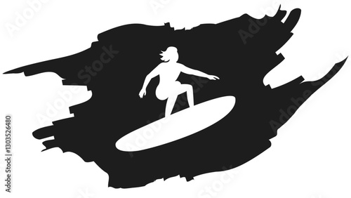 A surfer man in black and white. Surfing the wave banner. A silhouette of a man on a surfing board. A black and white surfing illustration. Breaking the wave. Crest of the wave.