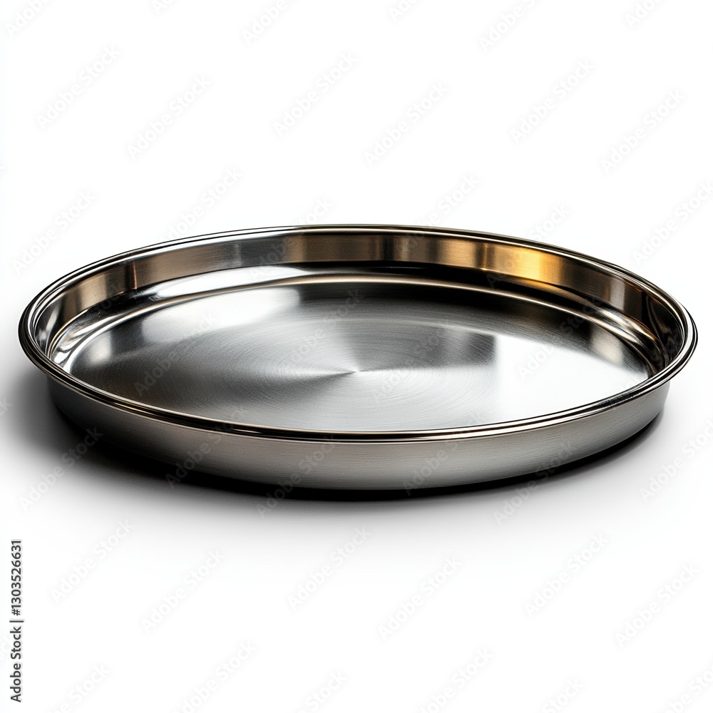 A shiny, round stainless steel tray with a smooth surface and polished edges, set against a white background. Ideal for serving or display purposes. A shiny, round stainless steel tray with a smooth surface and polished edges, set against a white background. Ideal for serving or display purposes.