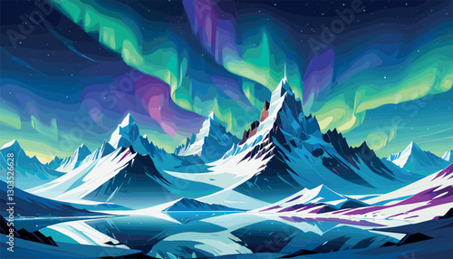 Northern lights over snowy mountain landscape