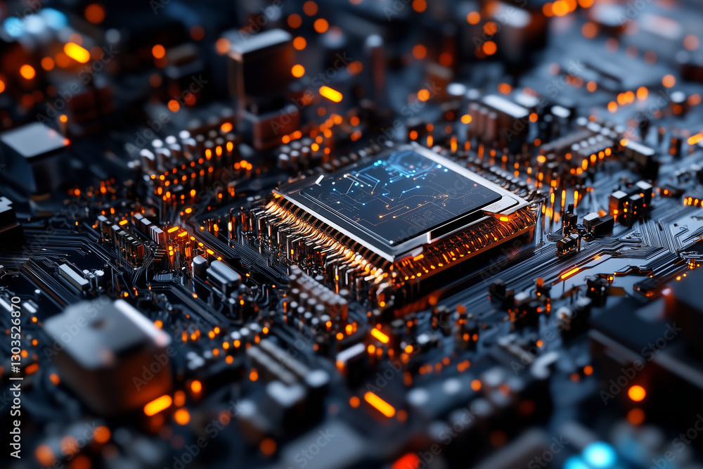 Electronic circuit board, digital background perfect for tech processes, neural networks, artificial intelligence, data transfer and encryption