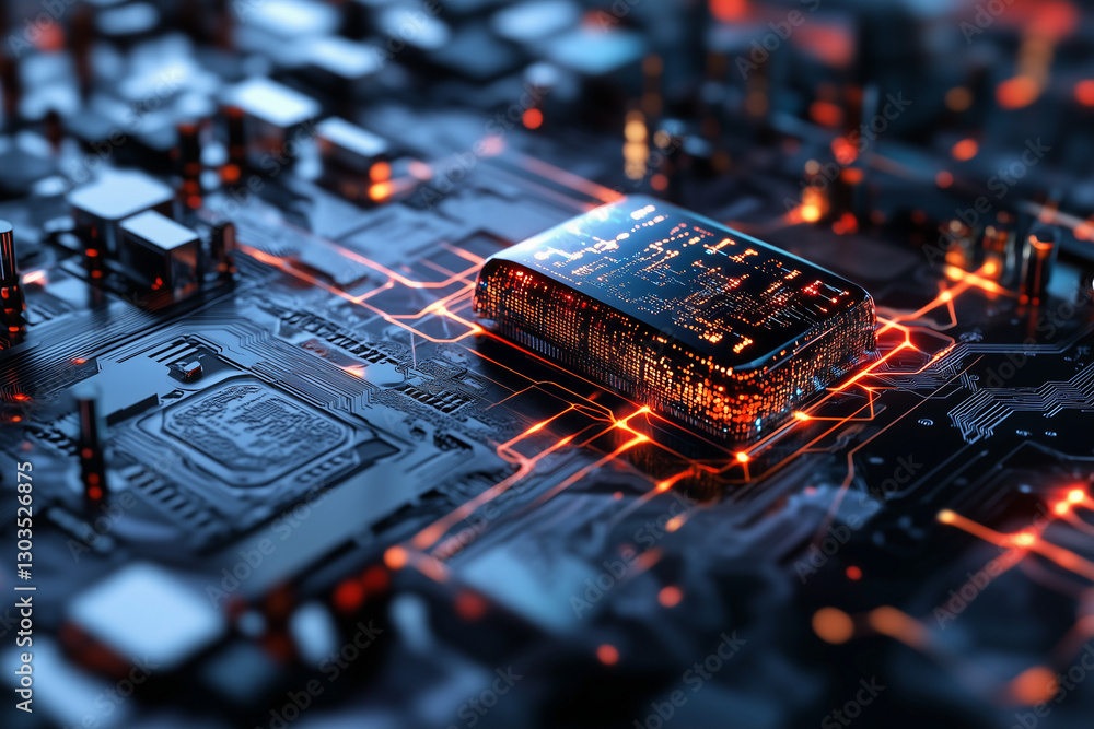 Electronic circuit board, digital background perfect for tech processes, neural networks, artificial intelligence, data transfer and encryption