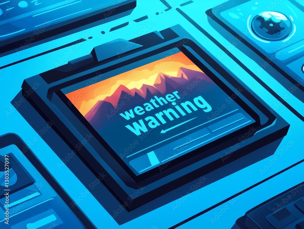 Weather Warning Digital Interface: Technology Background with Mountain View and Blue Alert Screens for Climate Forecast and Emergency Safety Visualization Weather Warning Digital Interface: Technology Background with Mountain View and Blue Alert Screens for Climate Forecast and Emergency Safety Visualization