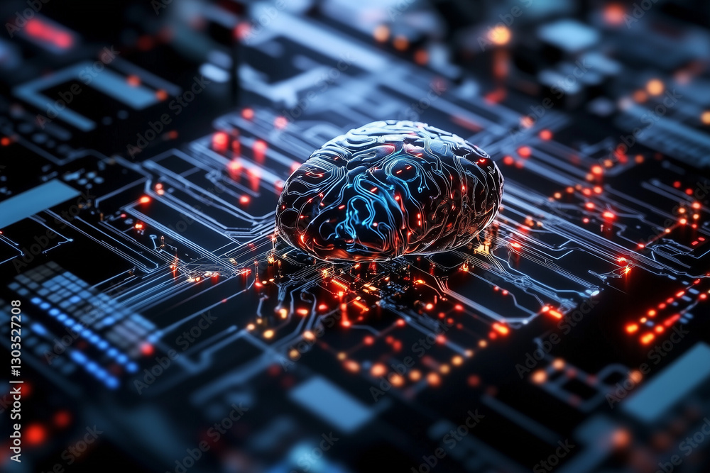 Electronic circuit board, digital background perfect for tech processes, neural networks, artificial intelligence, data transfer and encryption