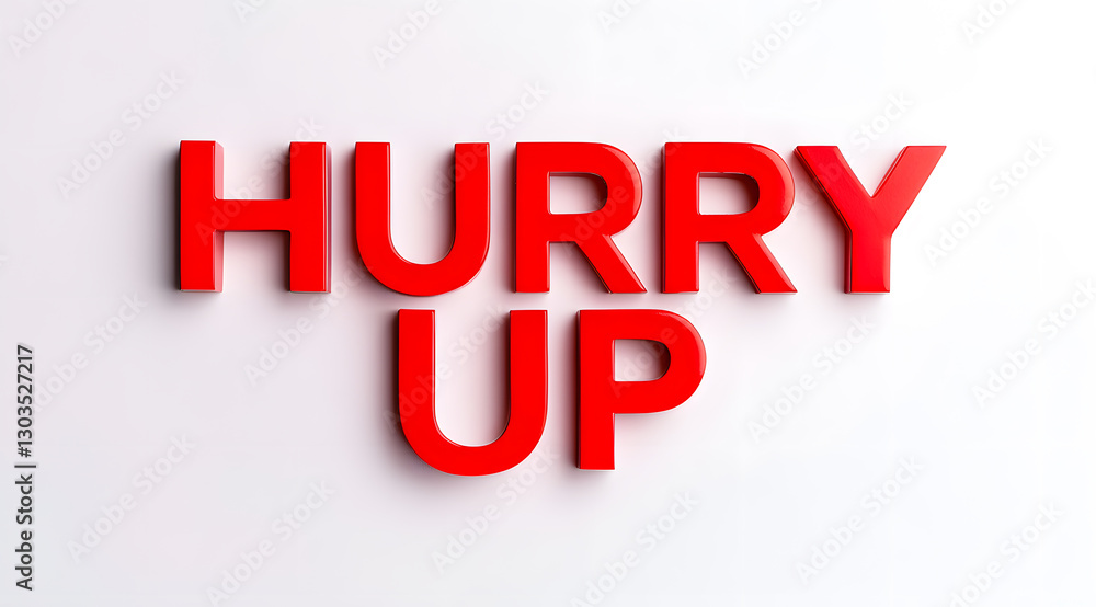Red 'Hurry Up' Text on White: Expressing Urgency, Punctuality and Time Sensitivity. A simple, bold statement for immediate action. Bright, 3D letters demand attention. Red 'Hurry Up' Text on White: Expressing Urgency, Punctuality and Time Sensitivity. A simple, bold statement for immediate action. Bright, 3D letters demand attention.