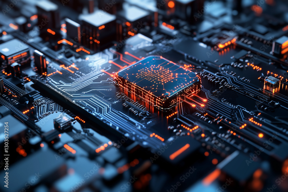 Electronic circuit board, digital background perfect for tech processes, neural networks, artificial intelligence, data transfer and encryption