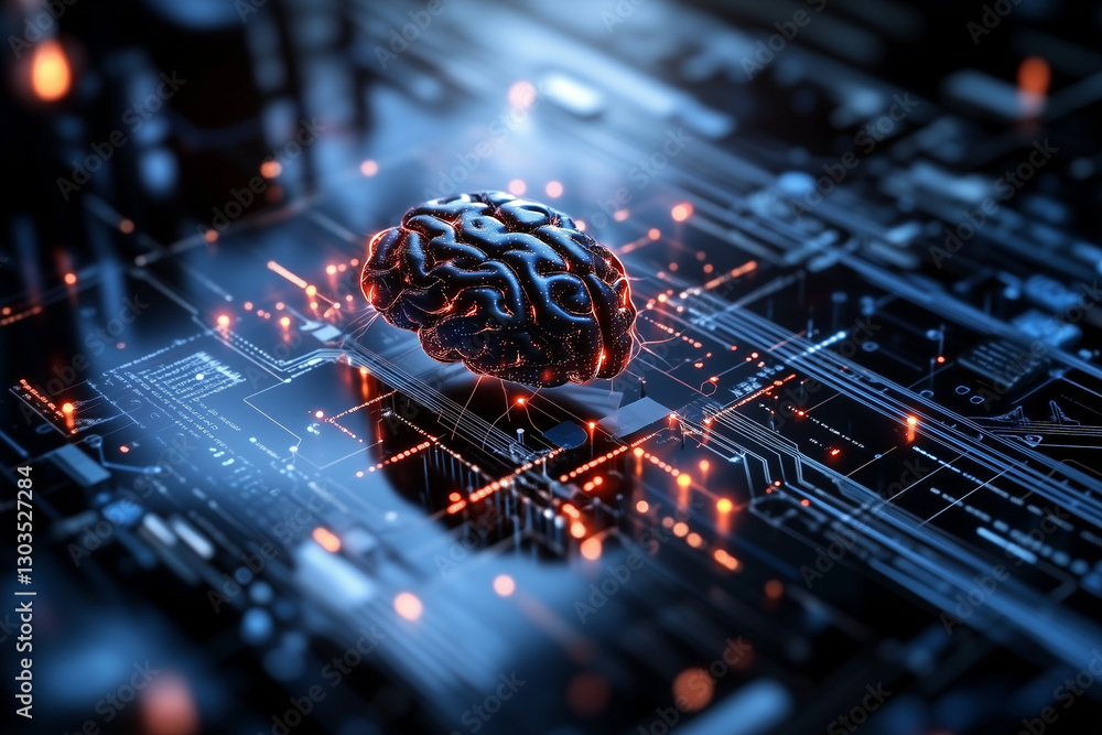 Electronic circuit board, digital background perfect for tech processes, neural networks, artificial intelligence, data transfer and encryption