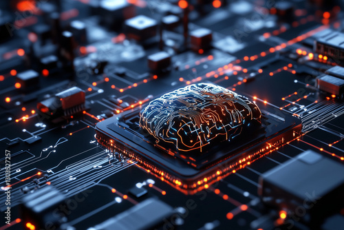 Electronic circuit board, digital background perfect for tech processes, neural networks, artificial intelligence, data transfer and encryption