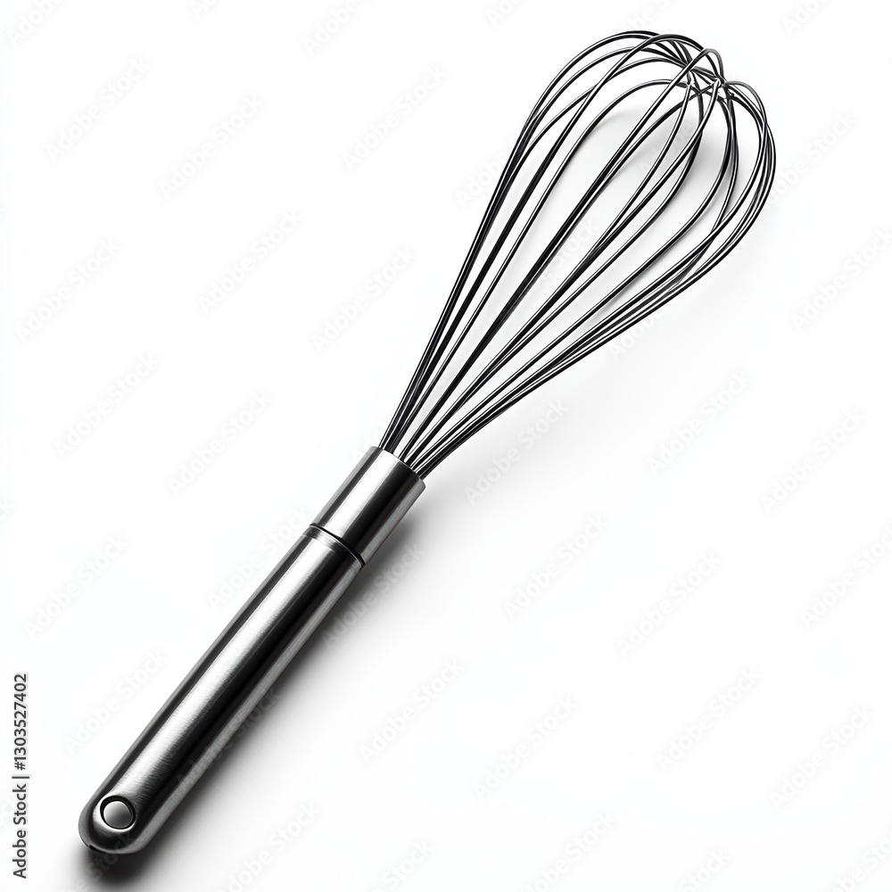 A stainless steel whisk with multiple wires and a sleek handle, set against a white background, perfect for mixing and whipping ingredients in the kitchen. A stainless steel whisk with multiple wires and a sleek handle, set against a white background, perfect for mixing and whipping ingredients in the kitchen.