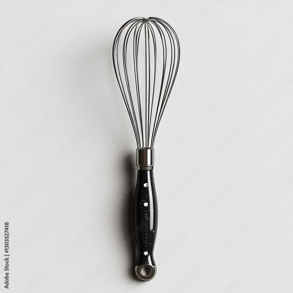 Fototapeta premium A stainless steel whisk with a black handle, elegantly displayed against a light background, perfect for culinary use or kitchen decor.
