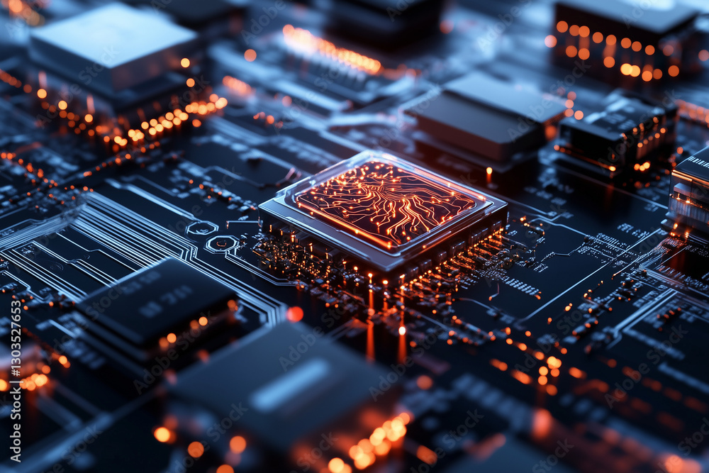 Electronic circuit board, digital background perfect for tech processes, neural networks, artificial intelligence, data transfer and encryption