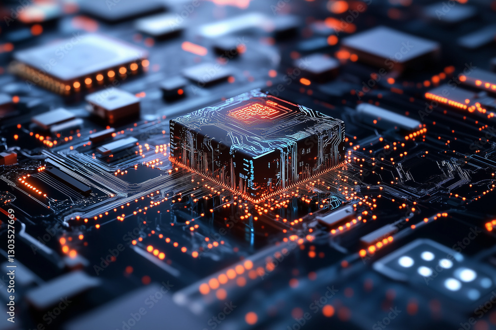 Electronic circuit board, digital background perfect for tech processes, neural networks, artificial intelligence, data transfer and encryption
