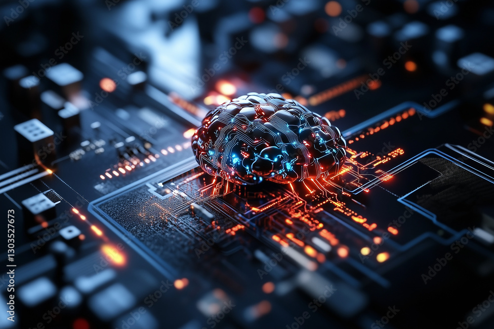 Electronic circuit board, digital background perfect for tech processes, neural networks, artificial intelligence, data transfer and encryption