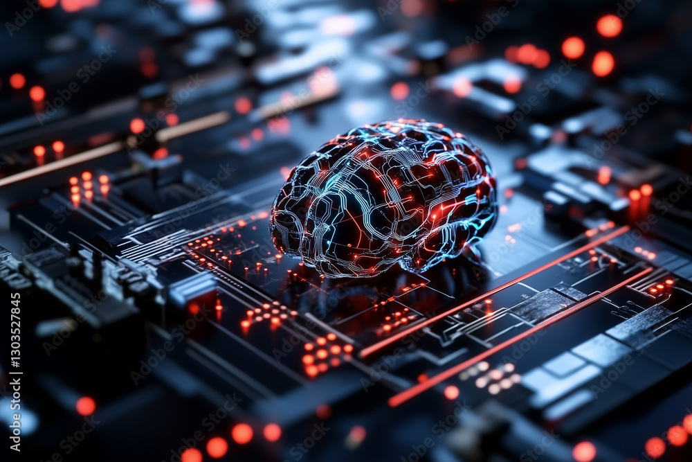 Electronic circuit board, digital background perfect for tech processes, neural networks, artificial intelligence, data transfer and encryption