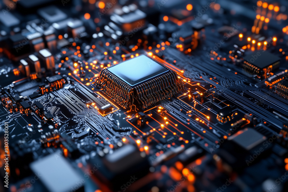 Electronic circuit board, digital background perfect for tech processes, neural networks, artificial intelligence, data transfer and encryption