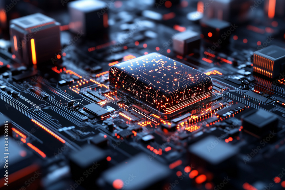 Electronic circuit board, digital background perfect for tech processes, neural networks, artificial intelligence, data transfer and encryption