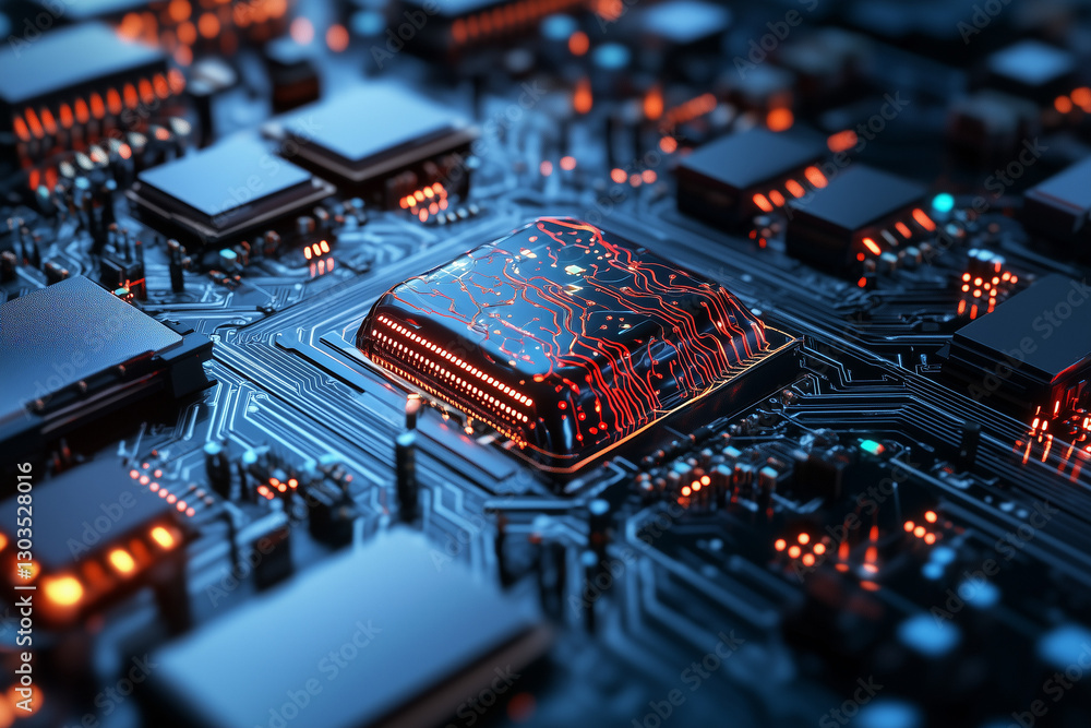 Electronic circuit board, digital background perfect for tech processes, neural networks, artificial intelligence, data transfer and encryption
