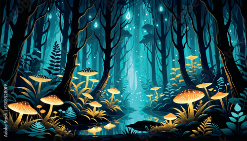 Mystical glowing forest with luminescent mushrooms