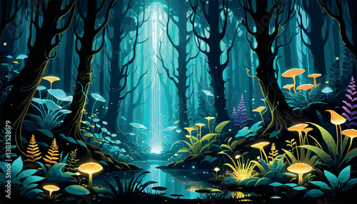 Mystical glowing forest with luminescent mushrooms