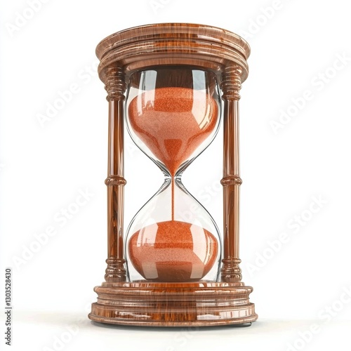 A wooden hourglass with orange sand flowing between two glass bulbs, set against a white background. The intricate design highlights craftsmanship and timekeeping.