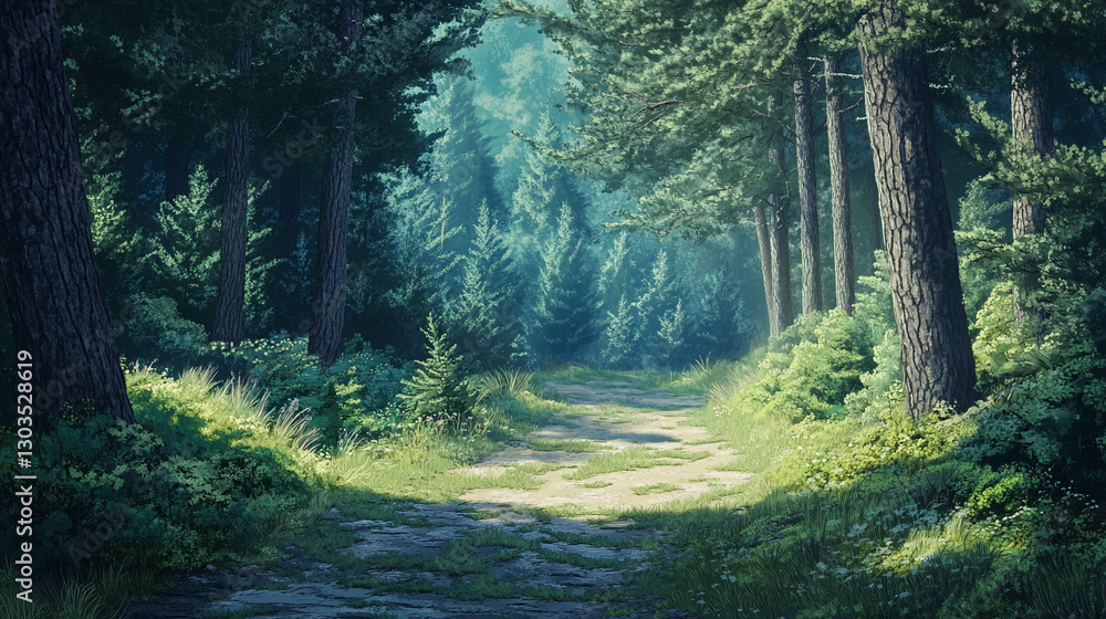 Obraz premium Serene forest path sunlight green trees nature woods pathway summer art calm road walk quiet trail