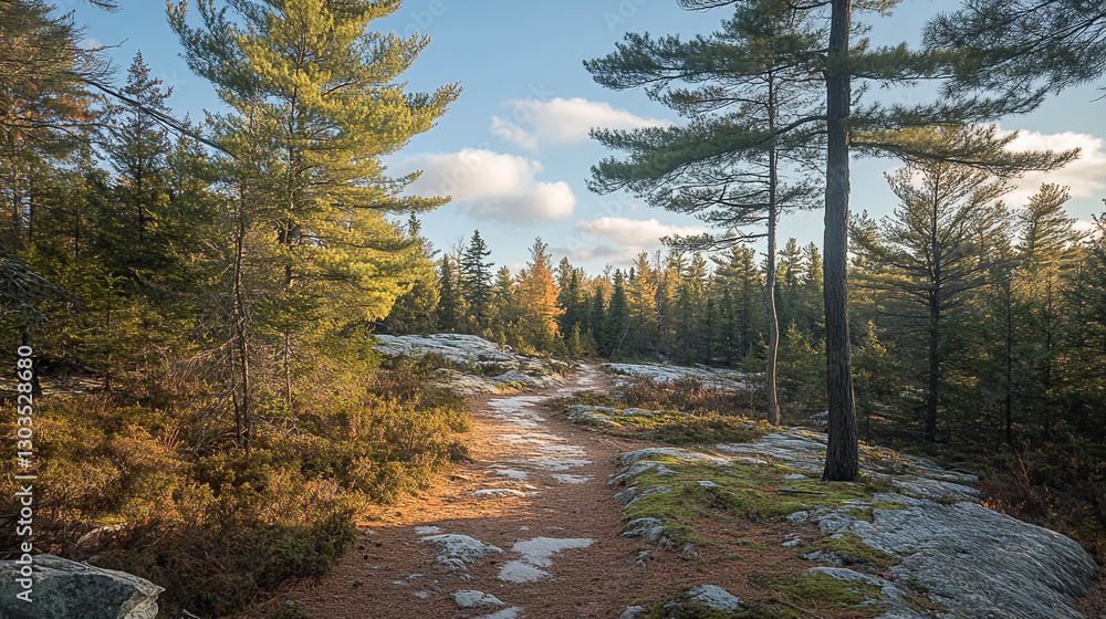 Scenic autumn trail through a peaceful pine forest landscape path fall view trees woods rocks mossy Scenic autumn trail through a peaceful pine forest landscape path fall view trees woods rocks mossy