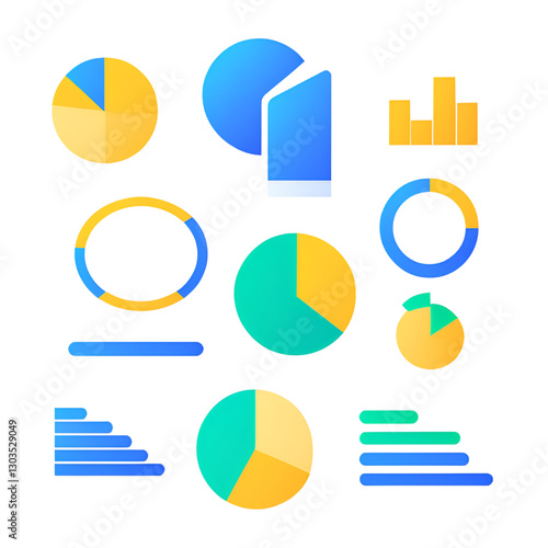 A collection of graphs and charts icons are grouped together. The different types of charts include pie charts, bar charts, and line charts.