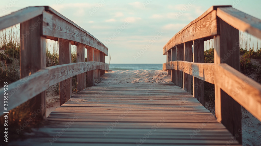 Obraz premium Serene wooden beach walkway leading to ocean view calm peaceful summer sunset scenery sea sky path