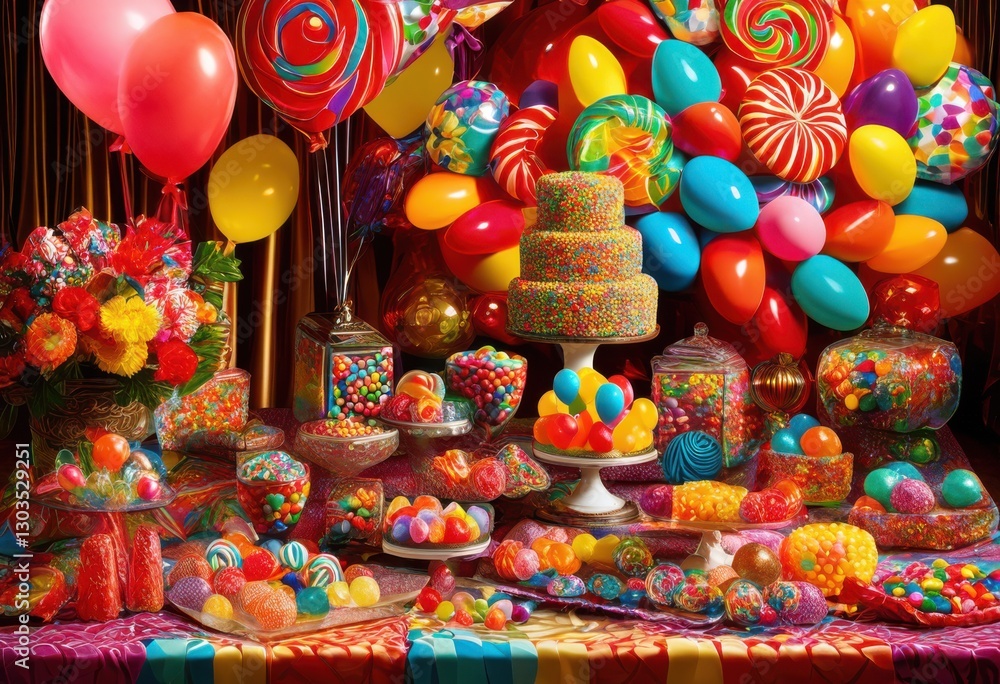 Naklejka premium vibrant candy assortment displayed colorful linens creating fun festive atmosphere events celebrations, rainbow, lgbtq, lgbt, pride, love, equality, candies