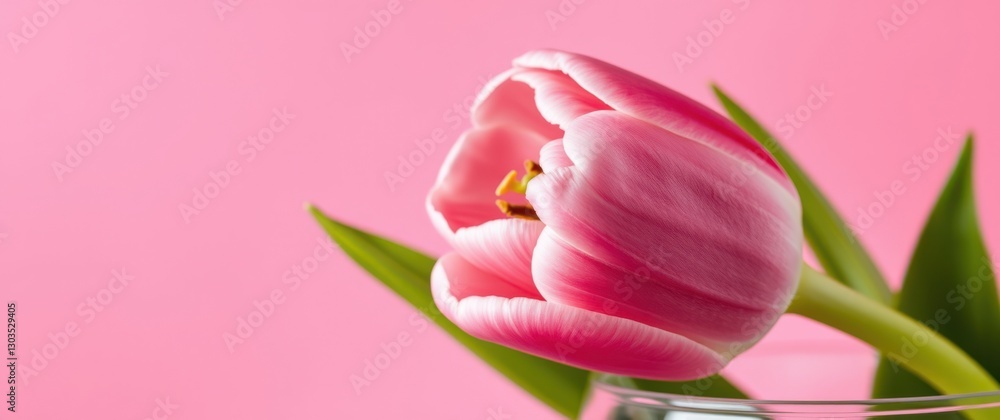 Elegant pink tulip blossom with delicate petals and green leaves, set against a soft pink backdrop. Elegant pink tulip blossom with delicate petals and green leaves, set against a soft pink backdrop.
