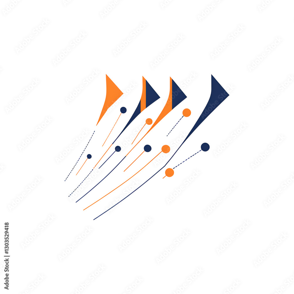Naklejka premium Abstract rising lines and triangles, some in dark blue and some in orange. The lines are trailing from small dots, giving a sense of progression.