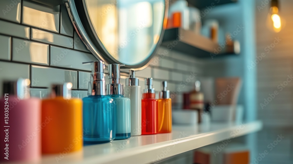 Bottles on shelf below mirror in bright bathroom, illuminated by soft light Bottles on shelf below mirror in bright bathroom, illuminated by soft light