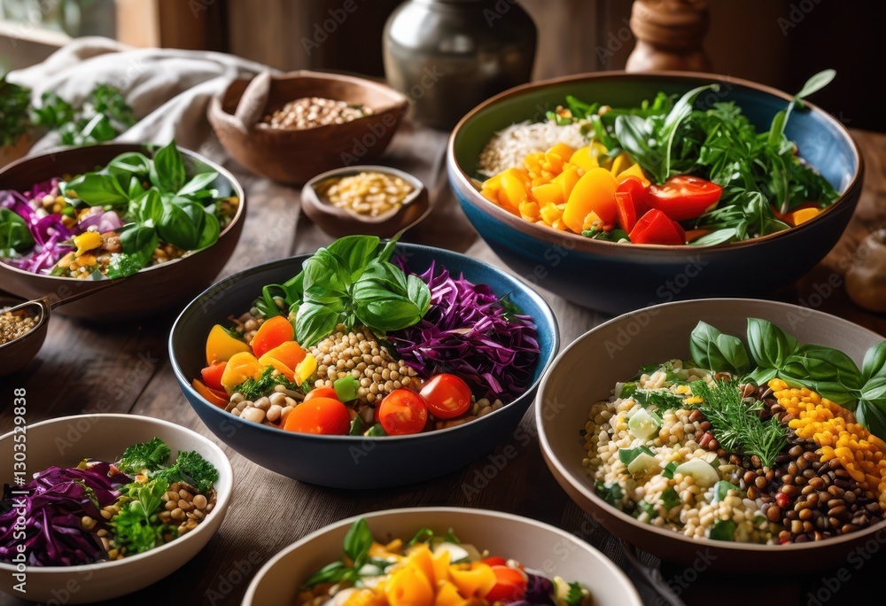 colorful bowls featuring vibrant plant based meals full fresh herbs health conscious dining experience, vegetable, garnish, salad, dish, plate, food colorful bowls featuring vibrant plant based meals full fresh herbs health conscious dining experience, vegetable, garnish, salad, dish, plate, food