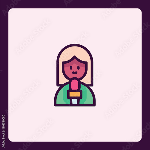 Female broadcaster with microphone cute vector avatar, linear style icon