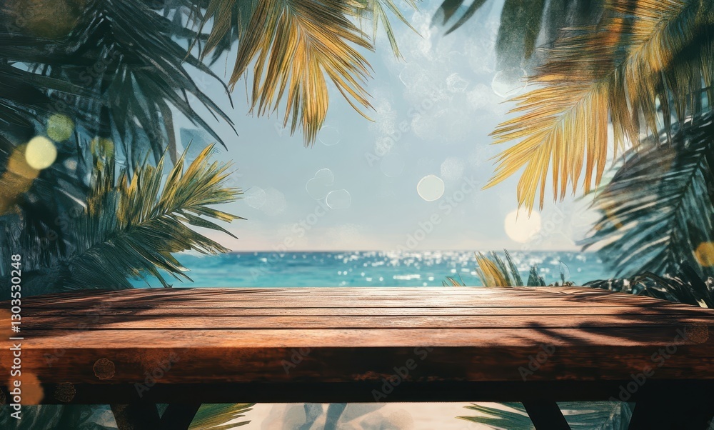 Fototapeta premium Serene Beach View with Wooden Table Surrounded by Tropical Plants Ideal for Relaxation and Vacation Imagery in Bright Sunshine and Ocean Scenery