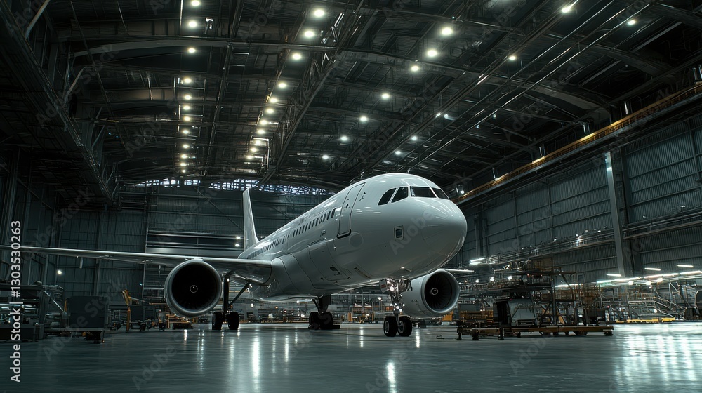 Airplane in a Large Aircraft Hangar During Maintenance Session Airplane in a Large Aircraft Hangar During Maintenance Session