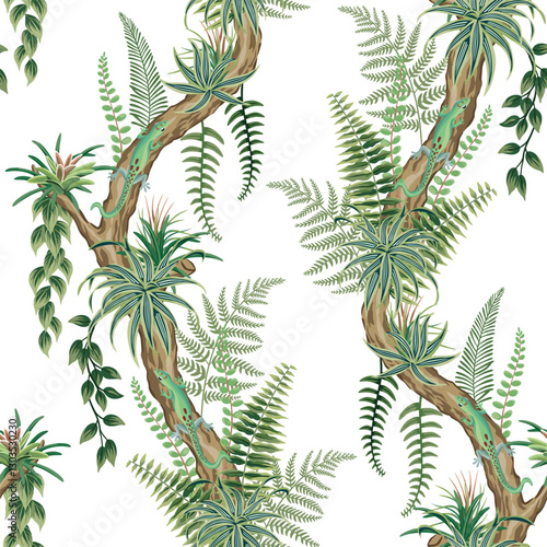 Lizard, tree, tropical palm leaf, fern, liana floral seamless pattern. Exotic botanical jungle wallpaper.
