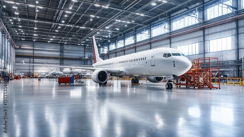 Airplane Inside Modern Hangar with Bright Natural Light and Space