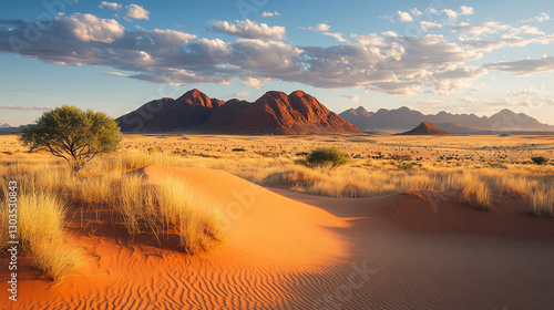 Stunning african desert landscape with red mountains and golden grasslands under a beautiful sky day