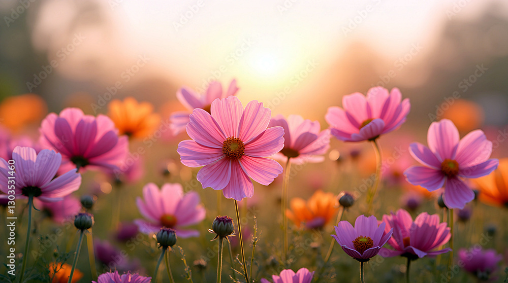 Colorful flowers bloom in a vibrant field at sunset, creating a stunning natural tapestry filled with life and warmth Colorful flowers bloom in a vibrant field at sunset, creating a stunning natural tapestry filled with life and warmth