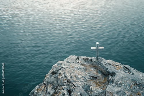 Cross on the rock above the sea, Ai Generated
