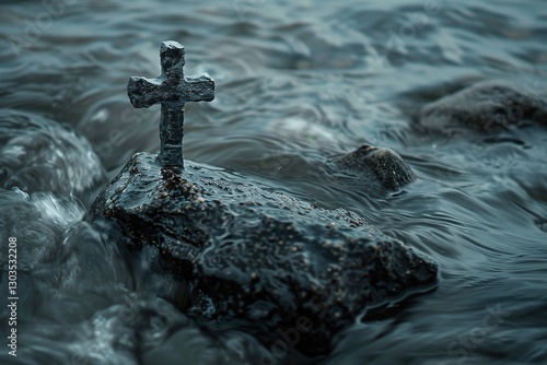 Cross on the rock in the running water, Ai Generated