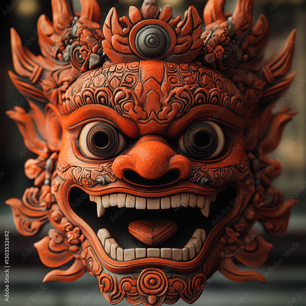 Fototapeta premium Intricate Traditional Face Carving with Bold Colors and Expression