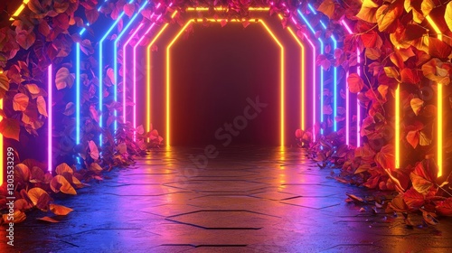 Fototapeta Naklejka Na Ścianę i Meble -  Neon tunnel pathway with autumn leaves