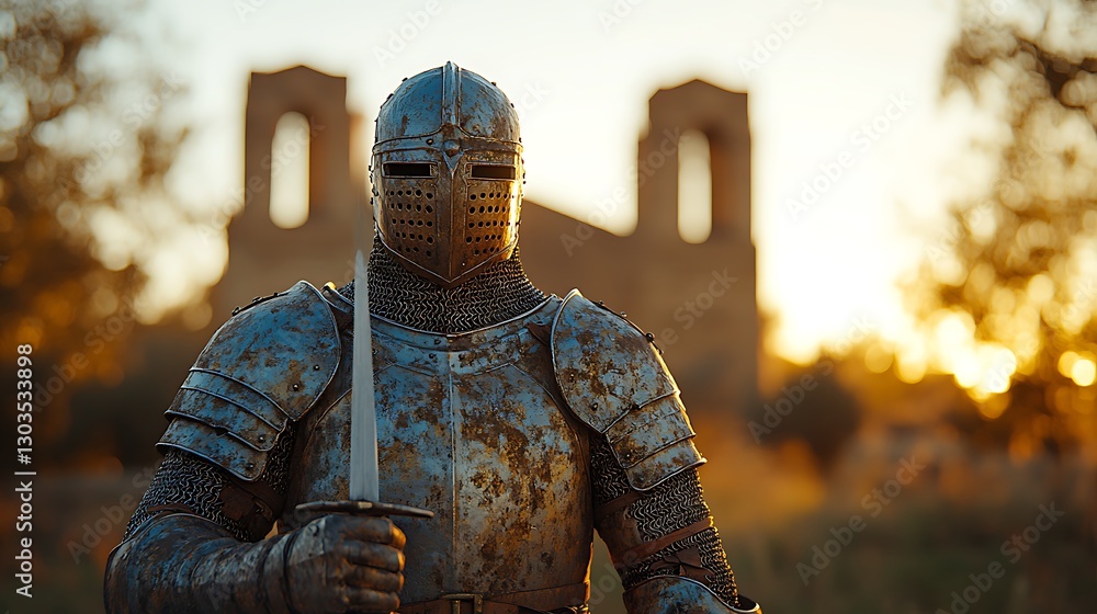 Medieval knight in armor, sunset, ruins background, historical figure, stock photo Medieval knight in armor, sunset, ruins background, historical figure, stock photo