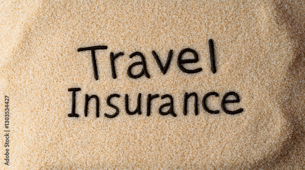 Fototapeta premium Travel insurance message written on sand. Security concept for trips. Insurance for traveling. Text on grainy background. Emergency coverage.